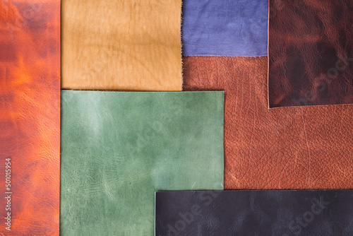 pieces of the colored leathers. Raw materials for manufacture