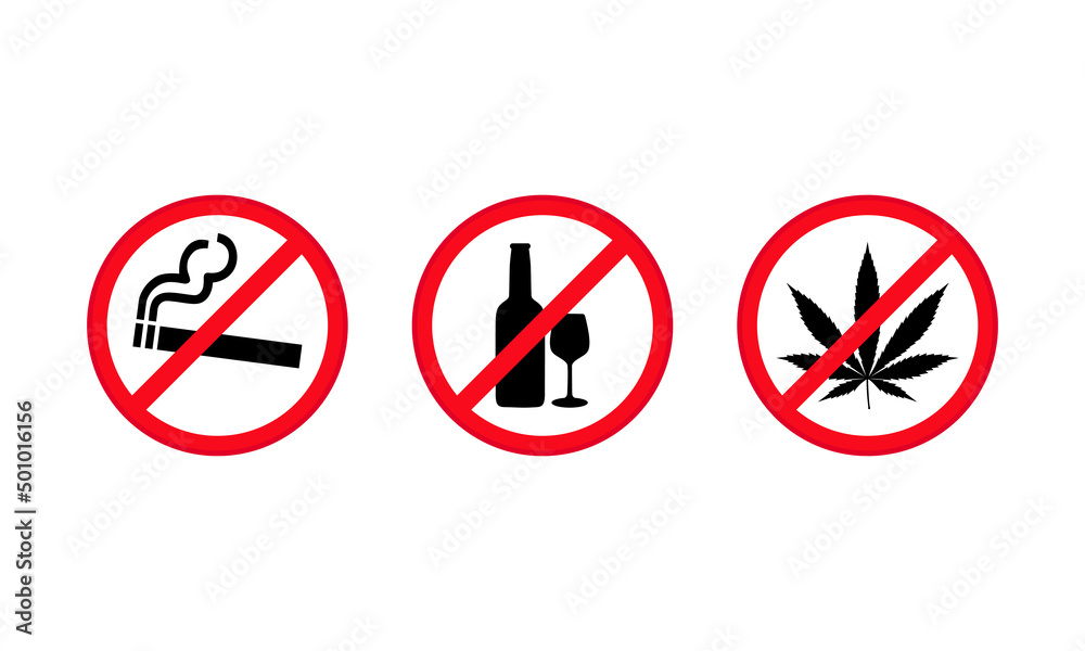 No smoking. No drinking. No drugs Prohibition symbol set Vector EPS 10 No smoking. No drinking. No drugs Prohibition symbol set Vector EPS 10