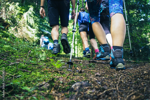 sporty group of people from behind while hiking through the forest surrounded by many green leaves
