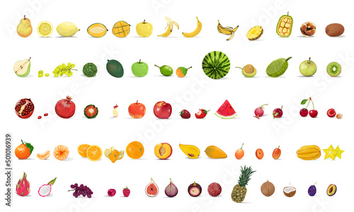 Fototapeta Naklejka Na Ścianę i Meble -  Fruit set. Colourful realistic fruits and berries. Juicy tropical and seasonal isolated fruits