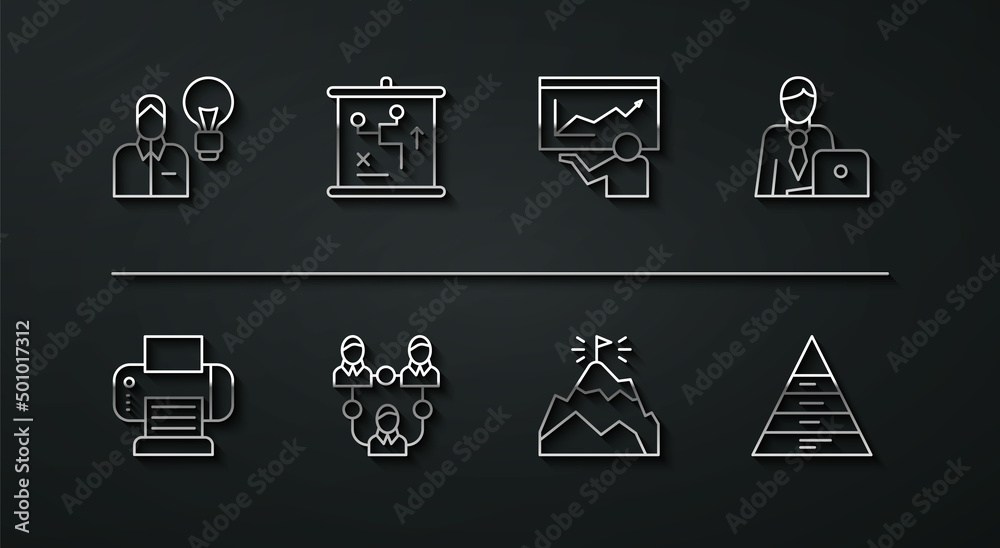 Set line Human with lamp bulb, Printer, Businessman, Mountains flag, Project team base, Planning strategy concept, Pyramid chart infographics and Training, presentation icon. Vector Set line Human with lamp bulb, Printer, Businessman, Mountains flag, Project team base, Planning strategy concept, Pyramid chart infographics and Training, presentation icon. Vector