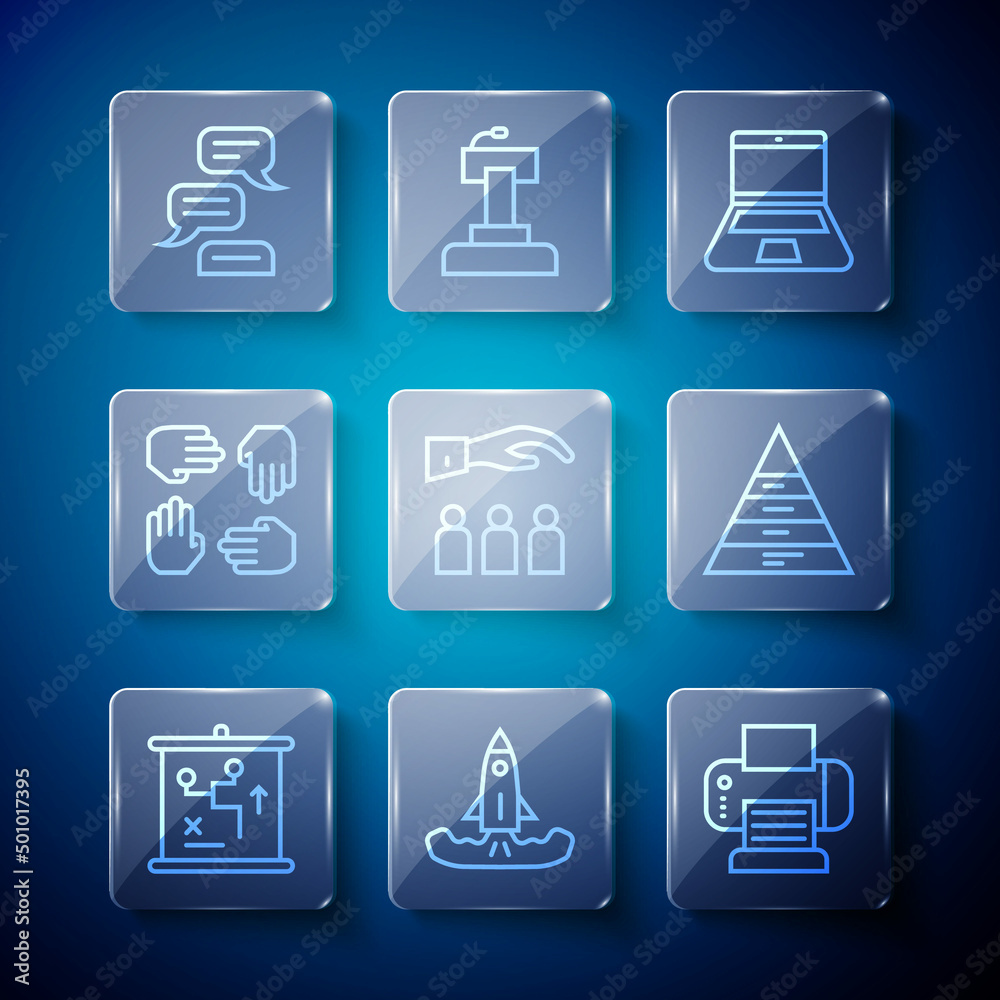 Set line Planning strategy concept, Rocket, Printer, Laptop, Boss with employee, Project team base, Speech bubble chat and Pyramid chart infographics icon. Vector