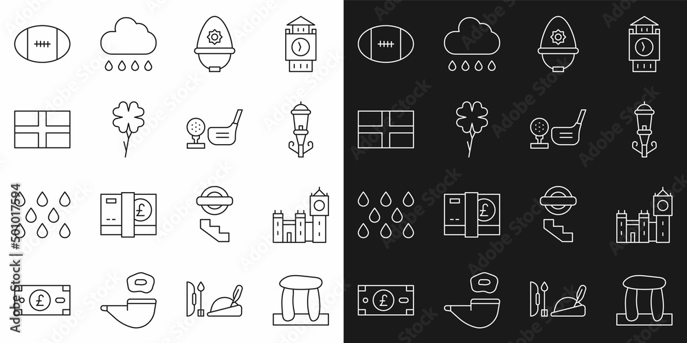 Set line Stonehenge, Big Ben tower, Vintage street light, British police helmet, Four leaf clover, Flag of England, Rugby ball and Golf club with tee icon. Vector