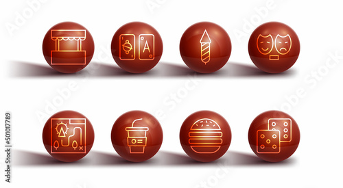 Set line Ticket box office, Amusement park map, Comedy and tragedy masks, Burger, Paper glass with water, Tarot cards, Game dice and Firework rocket icon. Vector