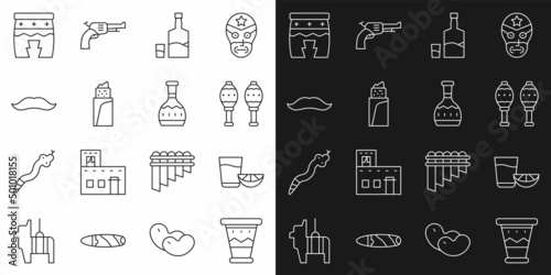 Set line Mexican drum, Tequila glass with lemon, Maracas, bottle and, Burrito, Mustache, Huehuetl and icon. Vector