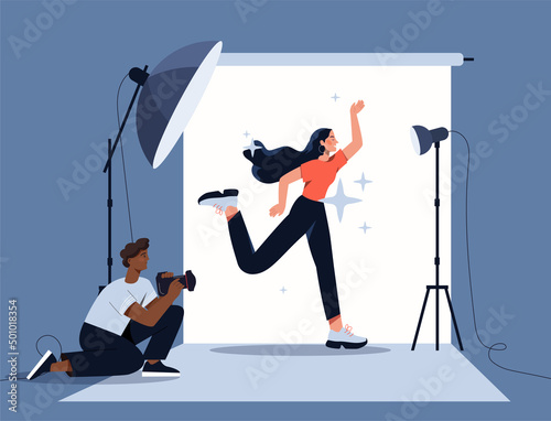 Professional man photographer. Man with camera in hands sits and photographs girl in pose. Spotlights and artificial light equipment, photosession and paparazzi. Cartoon flat vector illustration