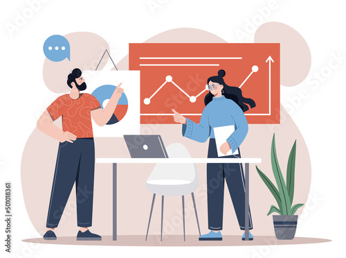 Project presentation concept. Man and girl in office on background of graphs and diagrams. Analytical department works with information, prepares for public speech. Cartoon flat vector illustration