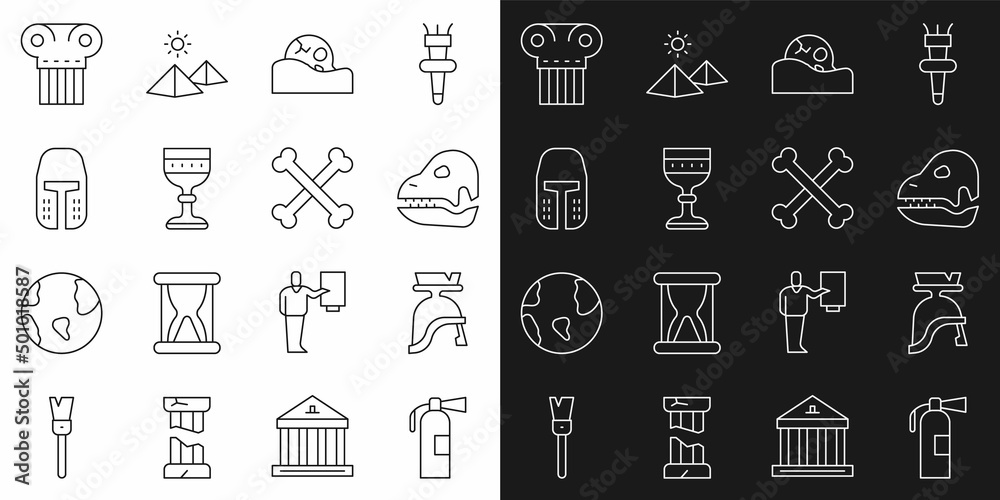 Set line Fire extinguisher, Roman army helmet, Dinosaur skull, Human, Medieval goblet, iron, Ancient column and Crossed human bones icon. Vector