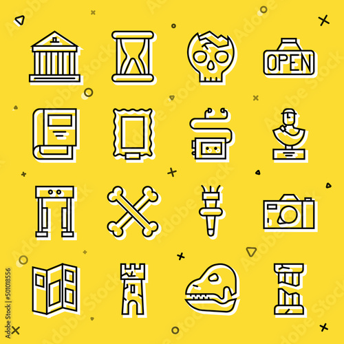 Set line Broken ancient column, Photo camera, Ancient bust sculpture, human skull, Picture, History book, Museum building and audio guide icon. Vector