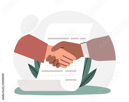 Businessmen make deal. Characters in costumes shake hands next to signed document. Entrepreneur got investment for business, organizations partnership metaphor. Cartoon flat vector illustration photo
