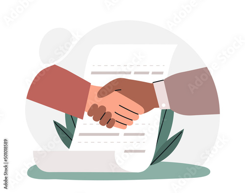 Businessmen make deal. Characters in costumes shake hands next to signed document. Entrepreneur got investment for business, organizations partnership metaphor. Cartoon flat vector illustration