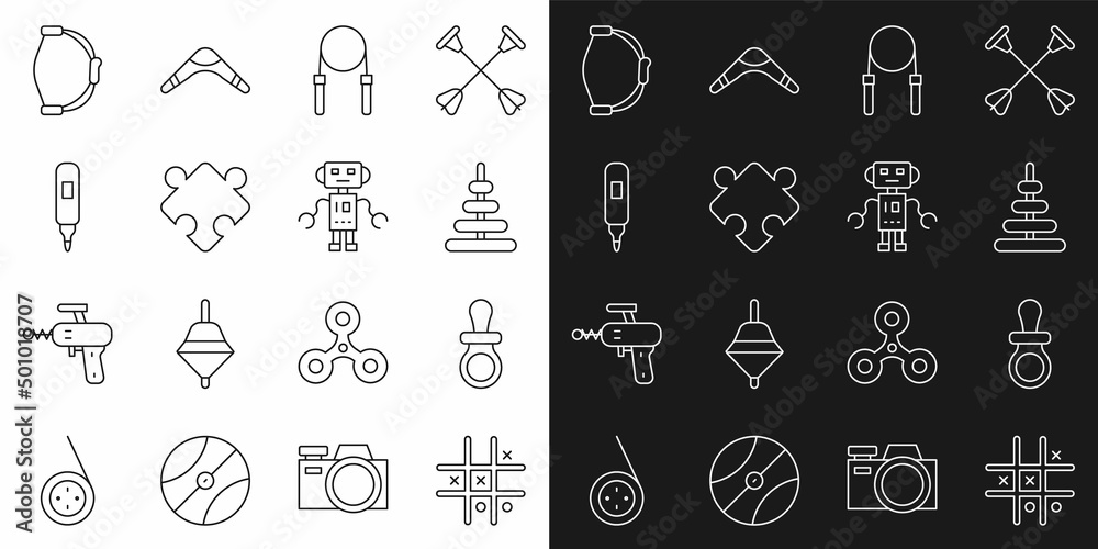 Set line Tic tac toe game, Baby dummy pacifier, Pyramid toy, Jump rope, Puzzle pieces, Marker pen, Bow and Robot icon. Vector