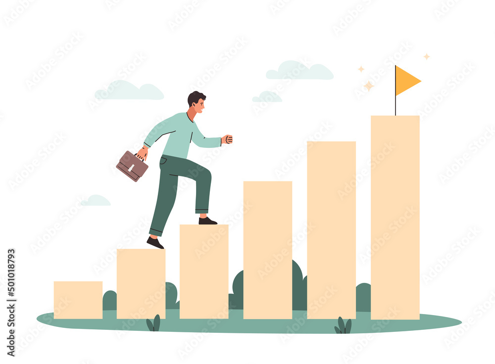 Way to goal. Man with briefcase rises to flag on increasing columns, metaphor for business or company development. Motivational poster or banner for website. Cartoon flat vector illustration Way to goal. Man with briefcase rises to flag on increasing columns, metaphor for business or company development. Motivational poster or banner for website. Cartoon flat vector illustration