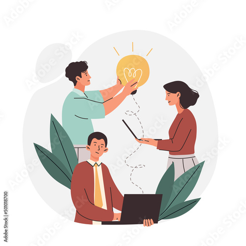 Online assistant concept. Men and girl holding light bulb. Answering customer questions in call center, businessman support. Consultant at laptop evaluates idea. Cartoon flat vector illustration