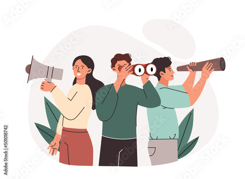Search for colleagues. Men and girls look through binoculars. Metaphor of HR department, company recruitment and expansion of staff. Experts looking for newcomers. Cartoon flat vector illustration