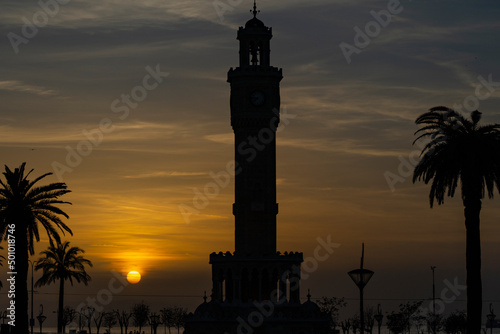 Clock Tower in the Sunset Drone Photo  Konak Square Izmir Turkey