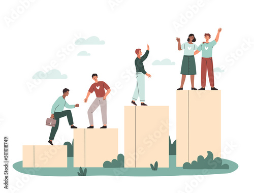 Team building concept. Man helps another to climb column, stages of forming good relationship between employees and colleagues. Marketing business presentation. Cartoon flat vector illustration