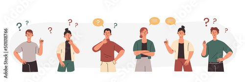 Set of thoughtful people. Collection of characters with questions, men and girls think about solving problem. Social media stickers. Cartoon flat vector illustrations isolated on white background