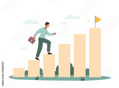 Way to goal. Man with briefcase rises to flag on increasing columns, metaphor for business or company development. Motivational poster or banner for website. Cartoon flat vector illustration