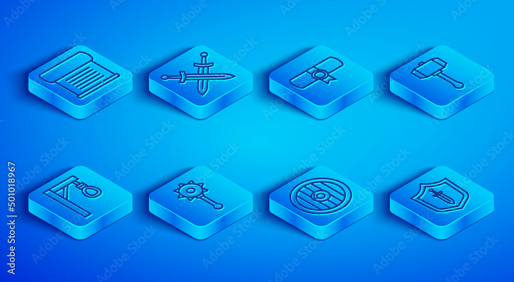 Set line Decree, parchment, scroll, Crossed medieval sword, Medieval chained mace ball, Round wooden shield, Hammer, Gallows and with icon. Vector Set line Decree, parchment, scroll, Crossed medieval sword, Medieval chained mace ball, Round wooden shield, Hammer, Gallows and with icon. Vector