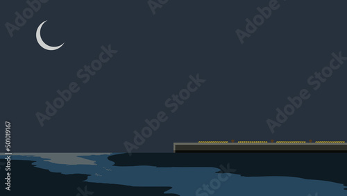 海　真横　ふ頭　夜　月