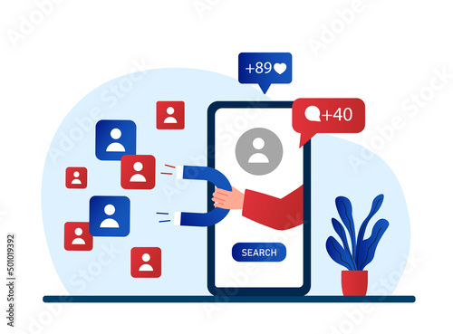 Marketing network concept. Hand with magnet protrudes from screen of phone. SMM specialist and promotion on Internet. Social media, advertising banners and posters. Cartoon flat vector illustration