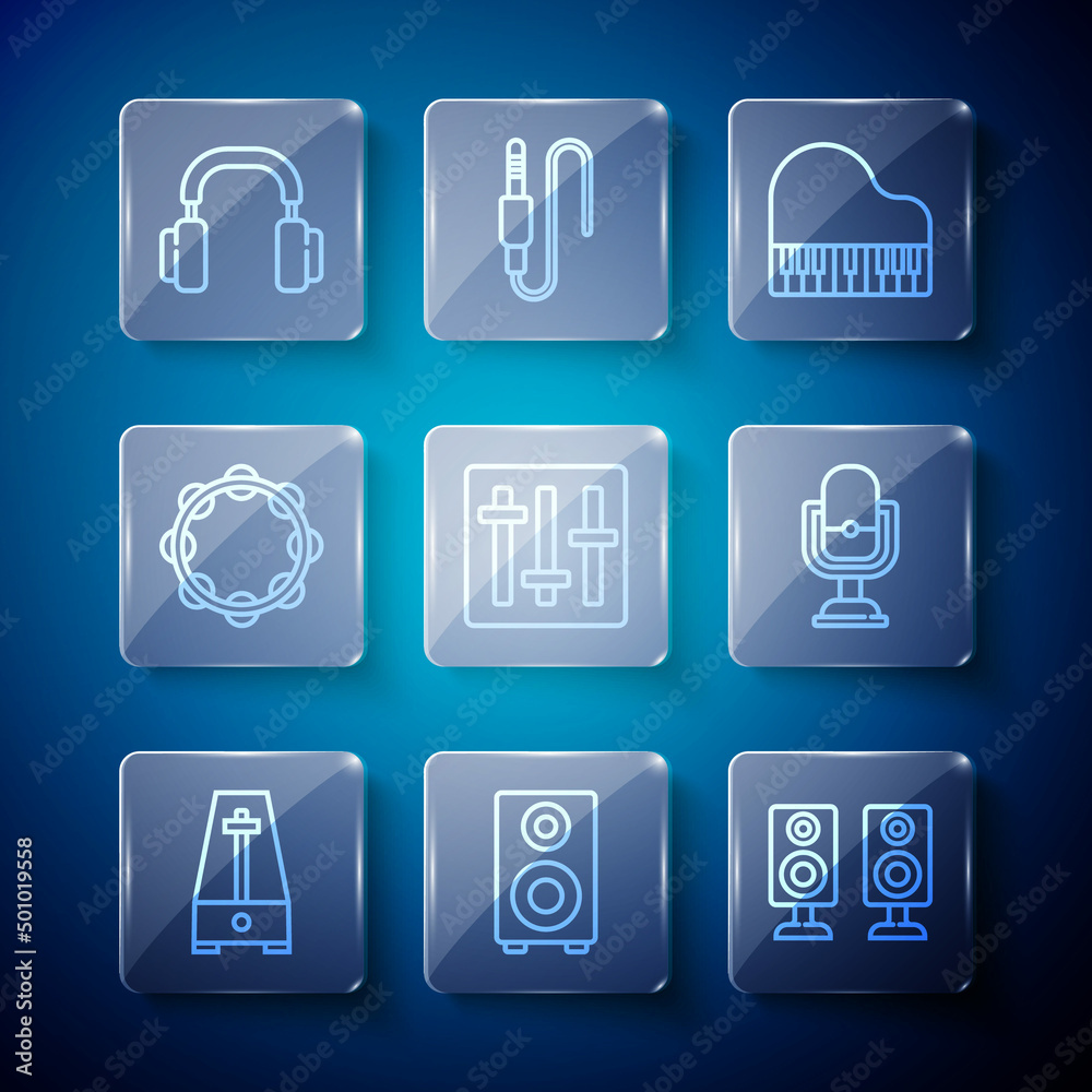 Set line Metronome with pendulum, Stereo speaker, Grand piano, Sound mixer controller, Tambourine, Headphones and Microphone icon. Vector Set line Metronome with pendulum, Stereo speaker, Grand piano, Sound mixer controller, Tambourine, Headphones and Microphone icon. Vector