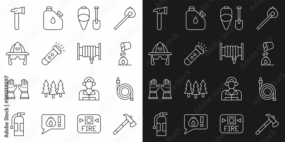 Set line Firefighter axe, hose reel, Bucket extinguishing fire, shovel and bucket, Flashlight, helmet, and icon. Vector Set line Firefighter axe, hose reel, Bucket extinguishing fire, shovel and bucket, Flashlight, helmet, and icon. Vector