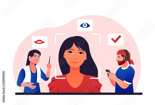 Scientists identify womans emotions. Psychology and awareness, assessment of facial expressions and gestures. Education and self development, training and learning. Cartoon flat vector illustration