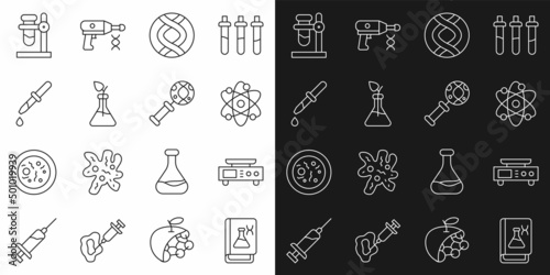 Set line Genetic engineering book, Electronic scales, Atom, DNA symbol, Plant breeding, Pipette, Test tube flask stand and research, search icon. Vector