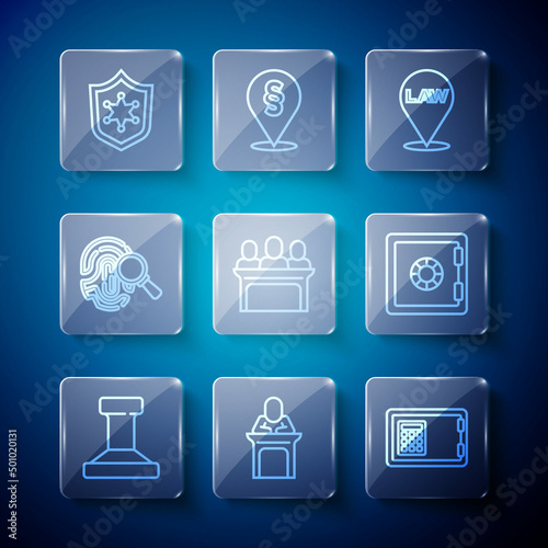 Set line Stamp, Judge, Safe, Location law, Jurors, Fingerprint, Police badge and icon. Vector