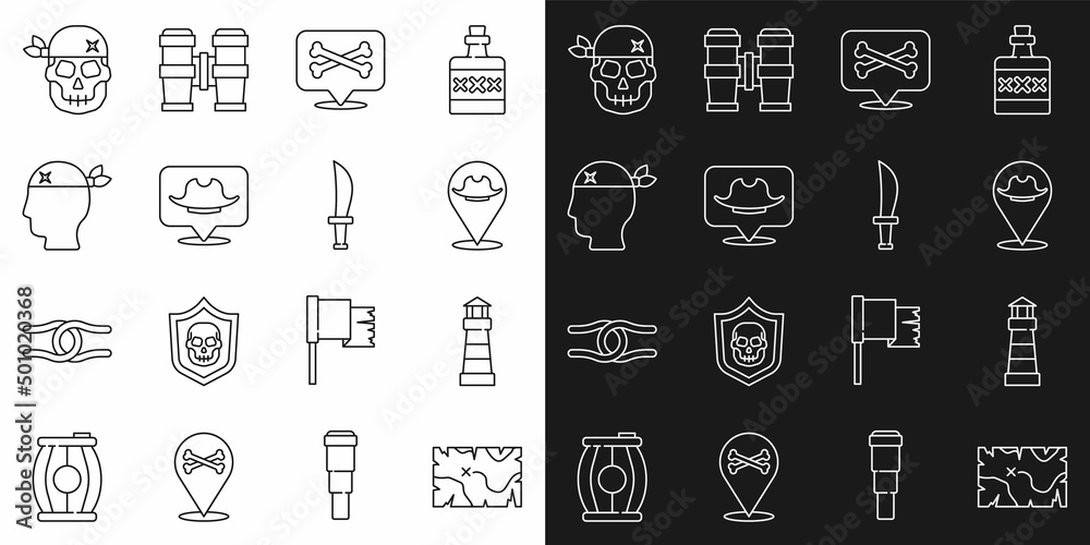 Set line Pirate treasure map, Lighthouse, Location pirate, captain, Skull and sword icon. Vector