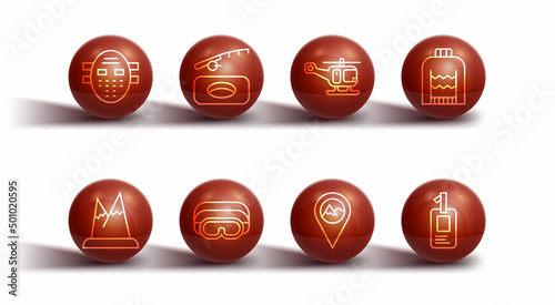 Set line Hockey mask, Mountains, Christmas sweater, Location with mountain, Ski goggles, Winter fishing, Identification badge and Rescue helicopter icon. Vector