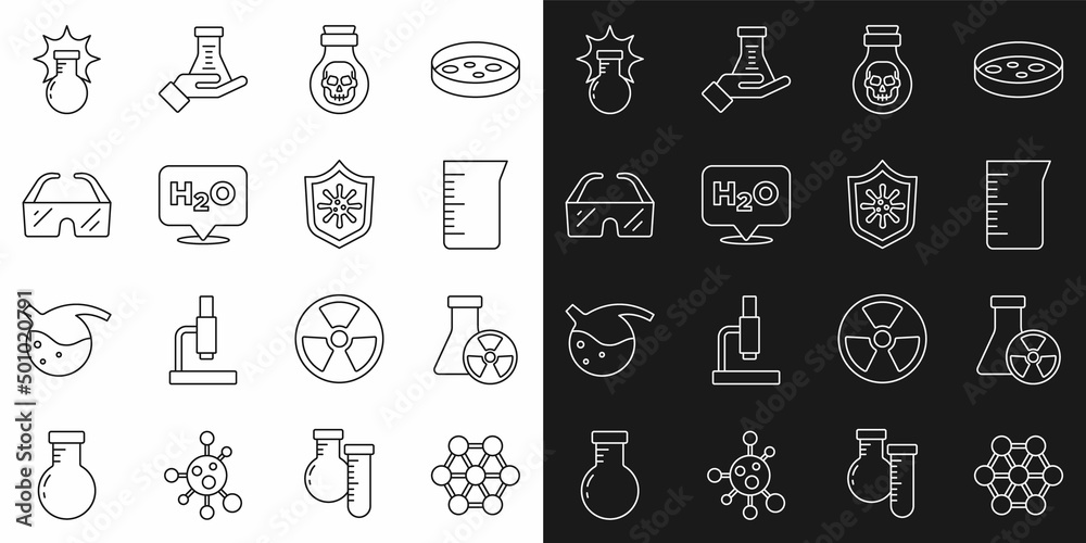 Set line Molecule, Test tube radiation, Laboratory glassware or beaker, Poison in bottle, Chemical formula for H2O, Safety goggle glasses, explosion and Shield protecting from virus icon. Vector