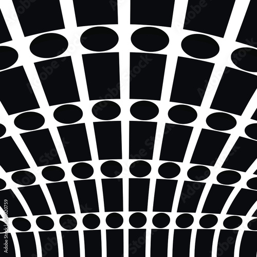 round black dots and corrugated solid squares in leaning or perspective style. black and white background with circles