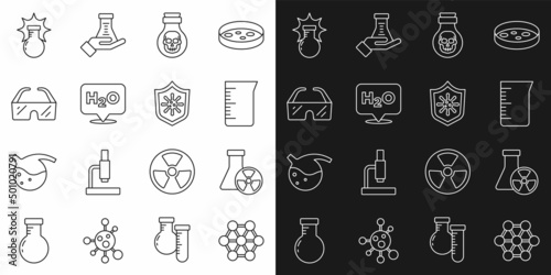 Set line Molecule, Test tube radiation, Laboratory glassware or beaker, Poison in bottle, Chemical formula for H2O, Safety goggle glasses, explosion and Shield protecting from virus icon. Vector