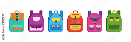 Fototapeta Naklejka Na Ścianę i Meble -  Backpack vector icon, school bag set, colorful cartoon rucksack isolated on white background. Education illustration