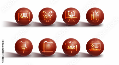 Set line Pendulum, Push pin, Magnet, Chalkboard, Table lamp, Medal, Online class and icon. Vector