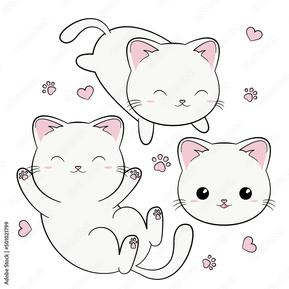 Zestaw słodkich białych szczęśliwych kotków. Kot w stylu kawaii. Ilustracja wektorowa na białym tle. - obrazy, fototapety, plakaty 