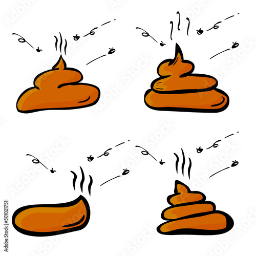 Simple Vector Hand Draw Sketch Set 4 Poop with 3 fly
