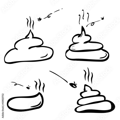 Simple Vector Hand Draw Sketch Set 4 Poop with 3 fly