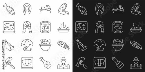Set line Fisherman, steak, Served fish on plate, Fishing boat, Canned, and icon. Vector