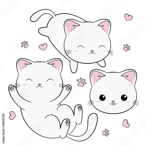 Zestaw słodkich białych szczęśliwych kotków. Kot w stylu kawaii. Ilustracja wektorowa na białym tle. #501021799