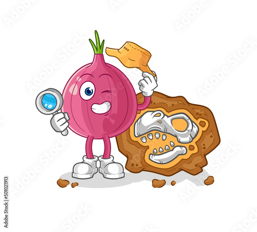 red onion archaeologists with fossils mascot. cartoon vector