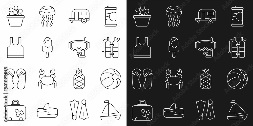 Set line Yacht sailboat, Beach ball, Aqualung, Rv Camping trailer, Ice cream, Sleeveless T-shirt, bucket and Diving mask icon. Vector