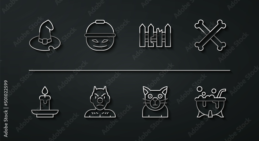 Set line Witch hat, Burning candle, Crossed bones, Cat, Krampus, heck, Pumpkin basket for sweets, Halloween witch cauldron and Garden fence wooden icon. Vector Set line Witch hat, Burning candle, Crossed bones, Cat, Krampus, heck, Pumpkin basket for sweets, Halloween witch cauldron and Garden fence wooden icon. Vector