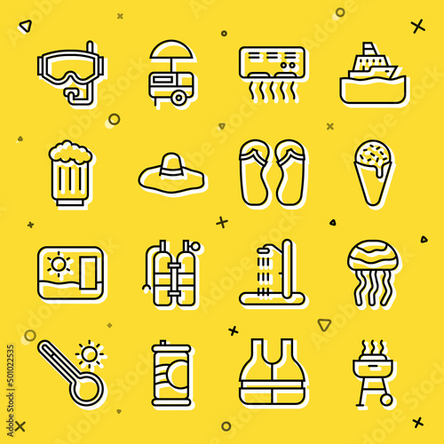 Set line Barbecue grill, Jellyfish, Ice cream in waffle cone, Air conditioner, Elegant women hat, Wooden beer mug, Diving mask and Flip flops icon. Vector