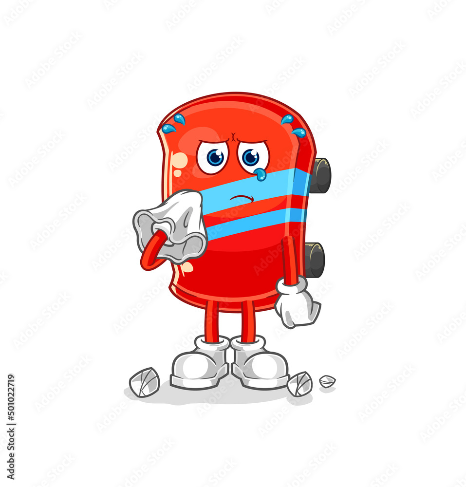 skateboard cry with a tissue. cartoon mascot vector skateboard cry with a tissue. cartoon mascot vector