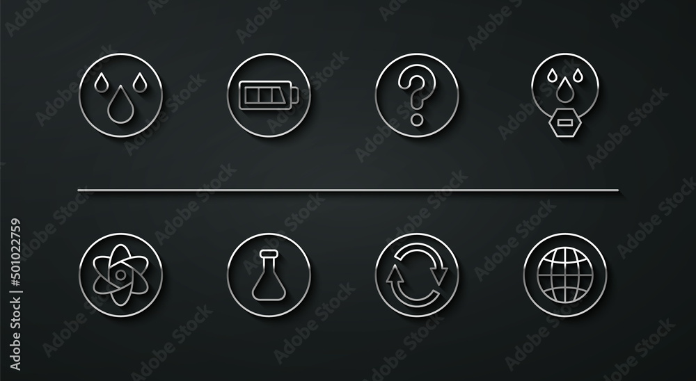 Set line Water drop, Test tube and flask, forbidden, Recycle symbol, Battery, Social network and Unknown search icon. Vector