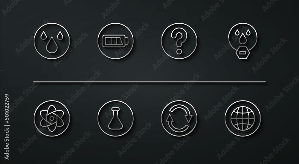 Set line Water drop, Test tube and flask, forbidden, Recycle symbol, Battery, Social network and Unknown search icon. Vector Set line Water drop, Test tube and flask, forbidden, Recycle symbol, Battery, Social network and Unknown search icon. Vector